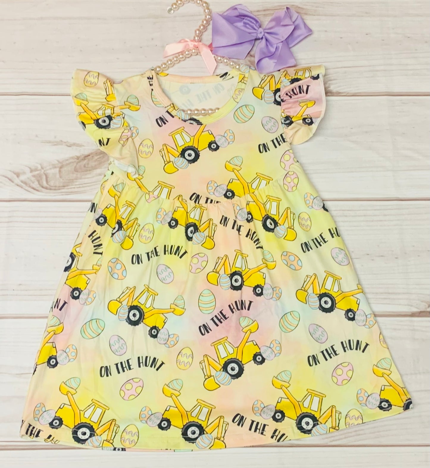 Milk Silk Easter Bulldozer Flutter Sleeve Dress, Girls Toddler Machine Equipment Egg Hunt, Easter Egg Hunt, Easter Sunday, Truck