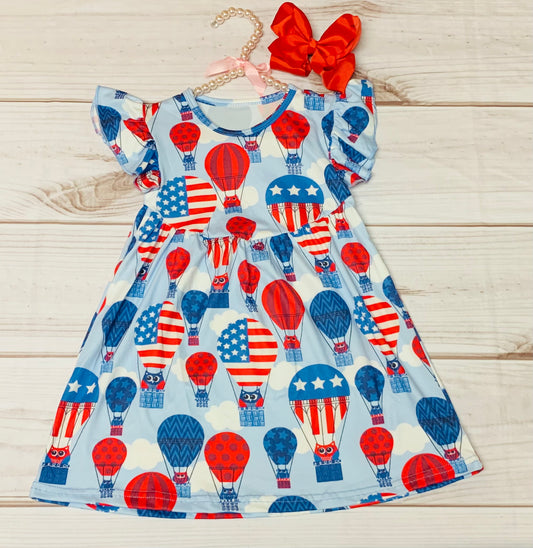 Milk Silk Red White & Blue Hot Air Balloon Flutter Sleeve Dress, Girls Toddler 4th of July, Independence Day, USA, America