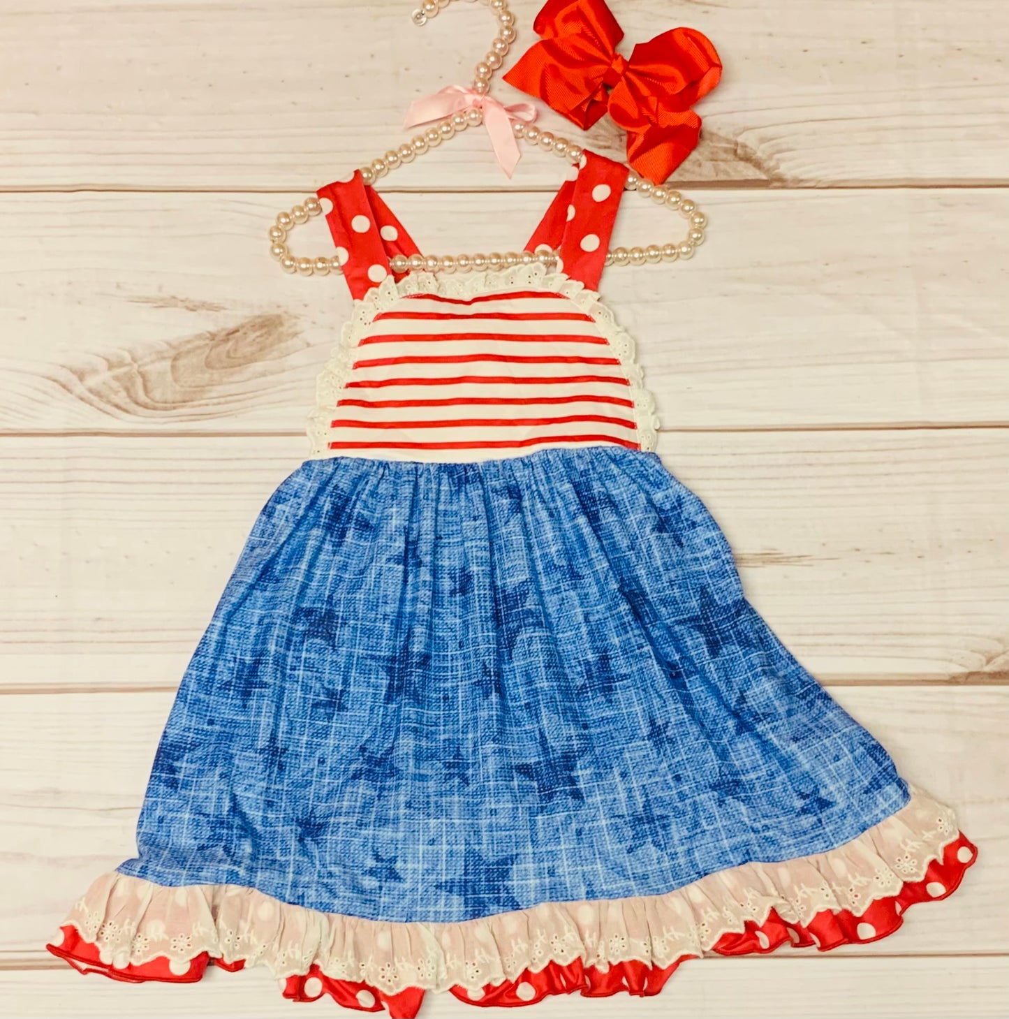 Milk Silk Ruffled America Sleeveless Dress, X Straps, Girls Toddler, 4th of July Dress, Independence Day, Stars & Stripes