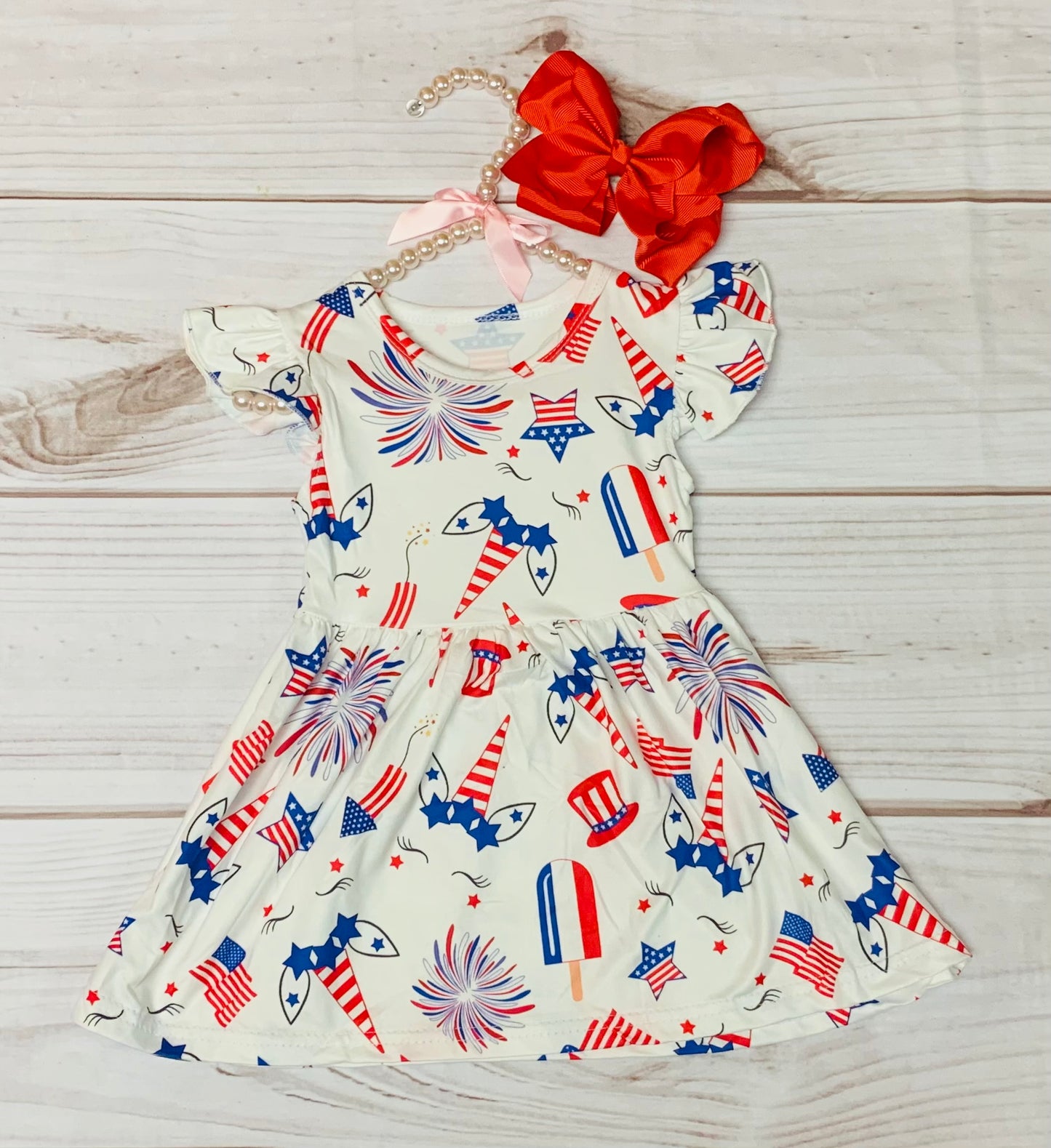 Milk Silk Red White & Blue Unicorn Flutter Sleeve Dress, Girls 4th of July, Firecracker Independence