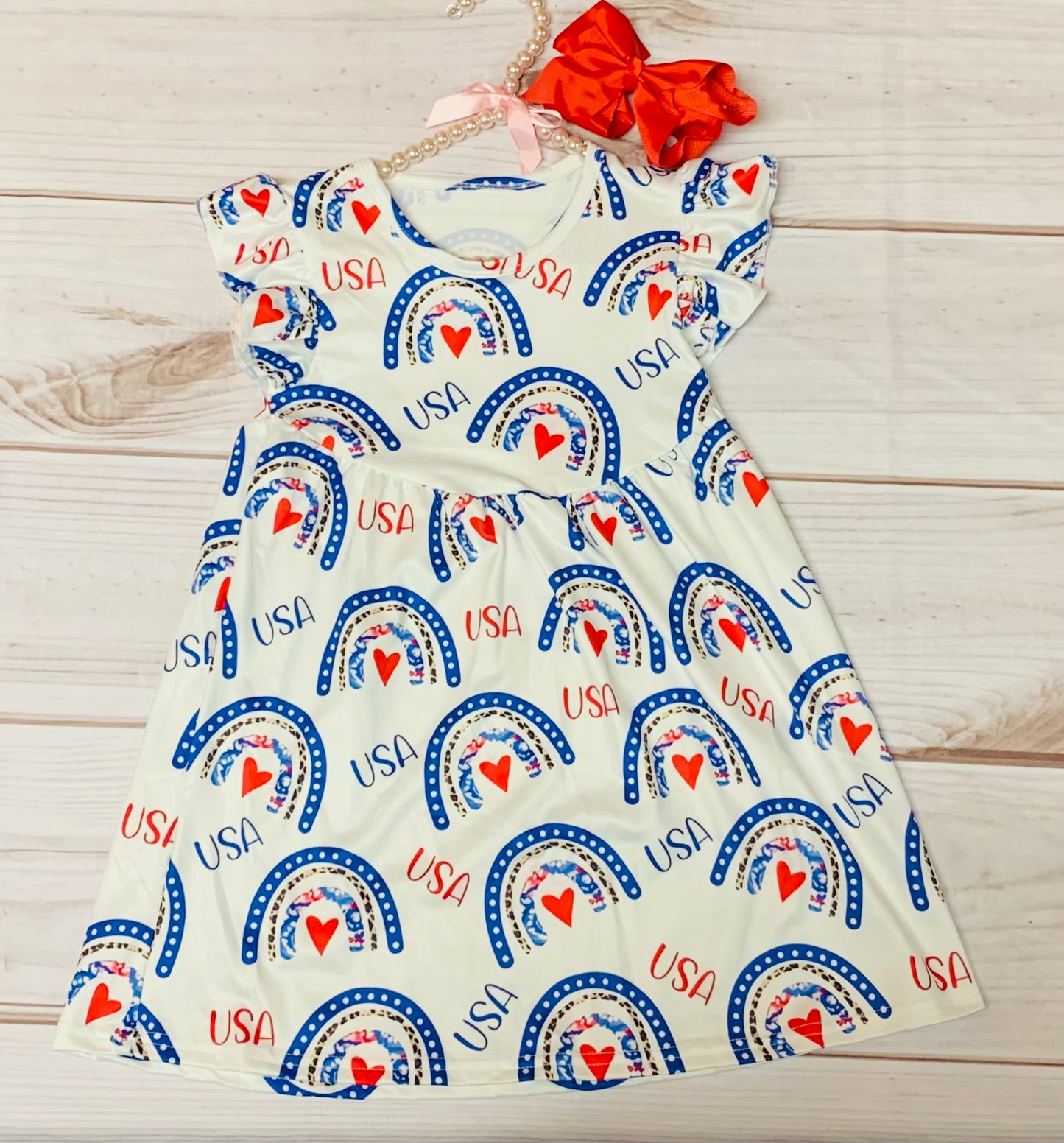 Milk Silk USA 4th of July Flutter Dress, Girls Toddler Rainbow Hearts, Red White Blue Independence Day, Stars Stripes, Firework