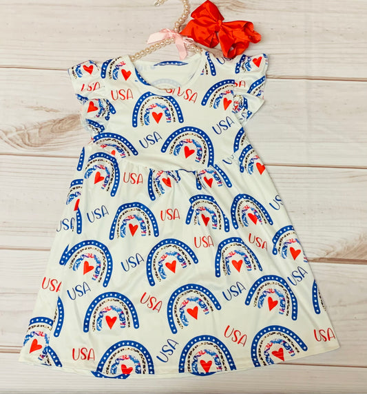 Milk Silk USA 4th of July Flutter Dress, Girls Toddler Rainbow Hearts, Red White Blue Independence Day, Stars Stripes, Firework