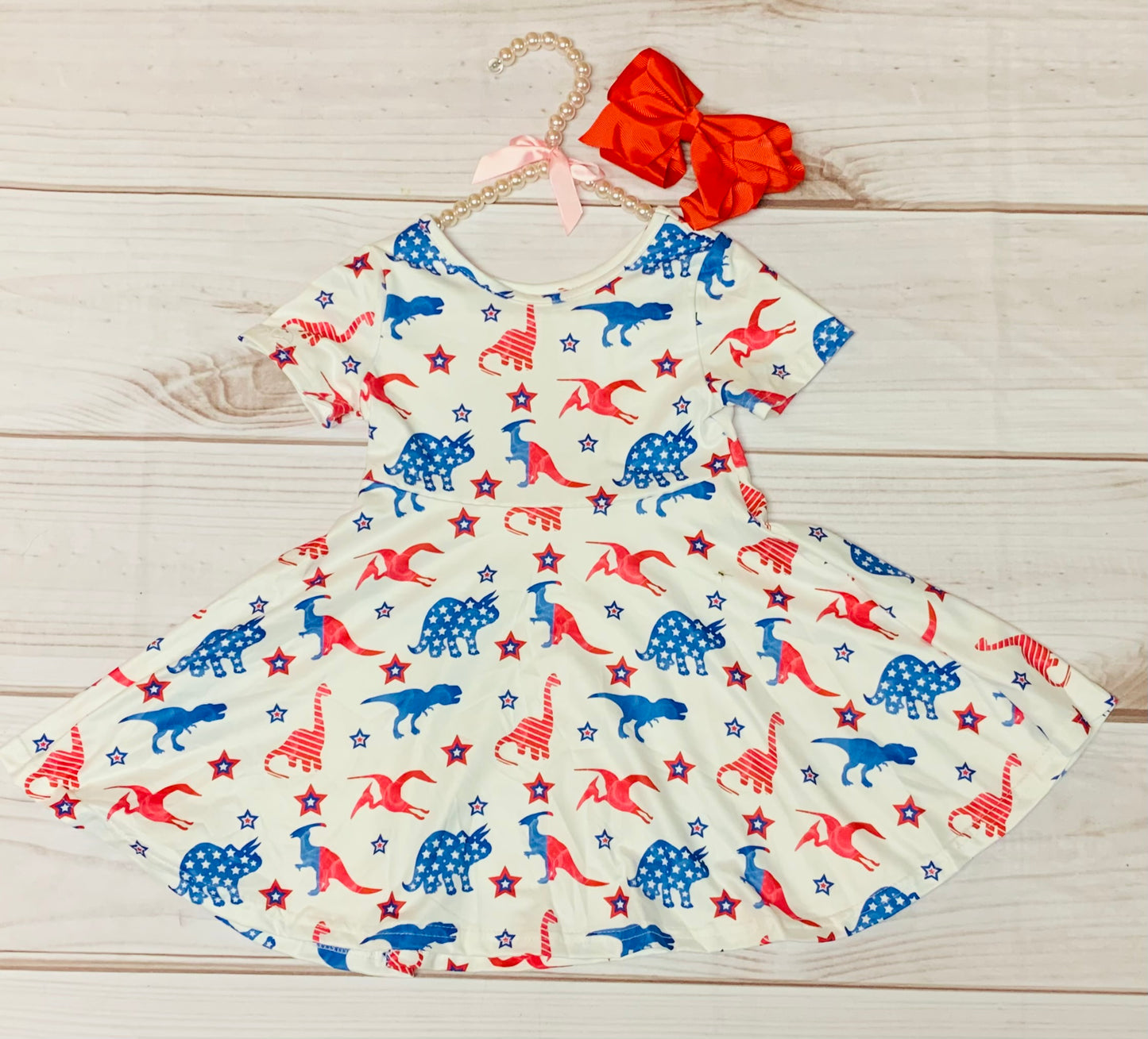 Milk Silk 4th of July Dinosaur Twirl Dress, Girls Toddler Independence Day Dinos, Red White & Blue Jurassic Reptiles, Stars