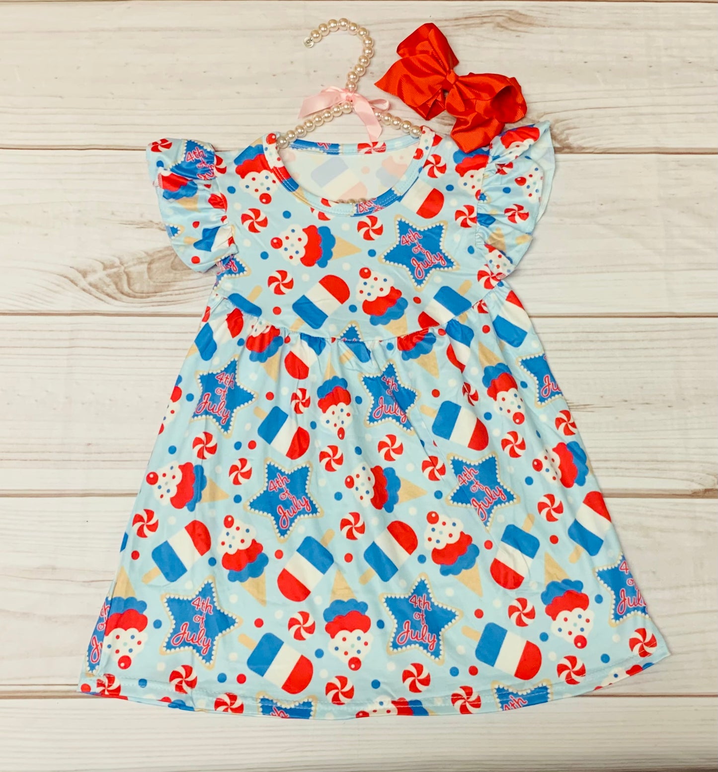 Milk Silk 4th of July Ice Cream & Cookies Flutter Sleeve Dress, Girls Toddler Independence Day, Celebration, Red White Blue