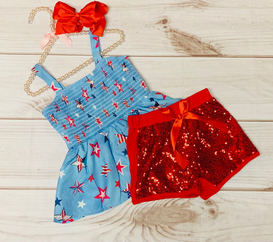 4th of July 2pc Girls Set w/ Sequin Shorts, Independence Day Cutie, Celebrate the Fourth of July, Stars, Red White and Blue