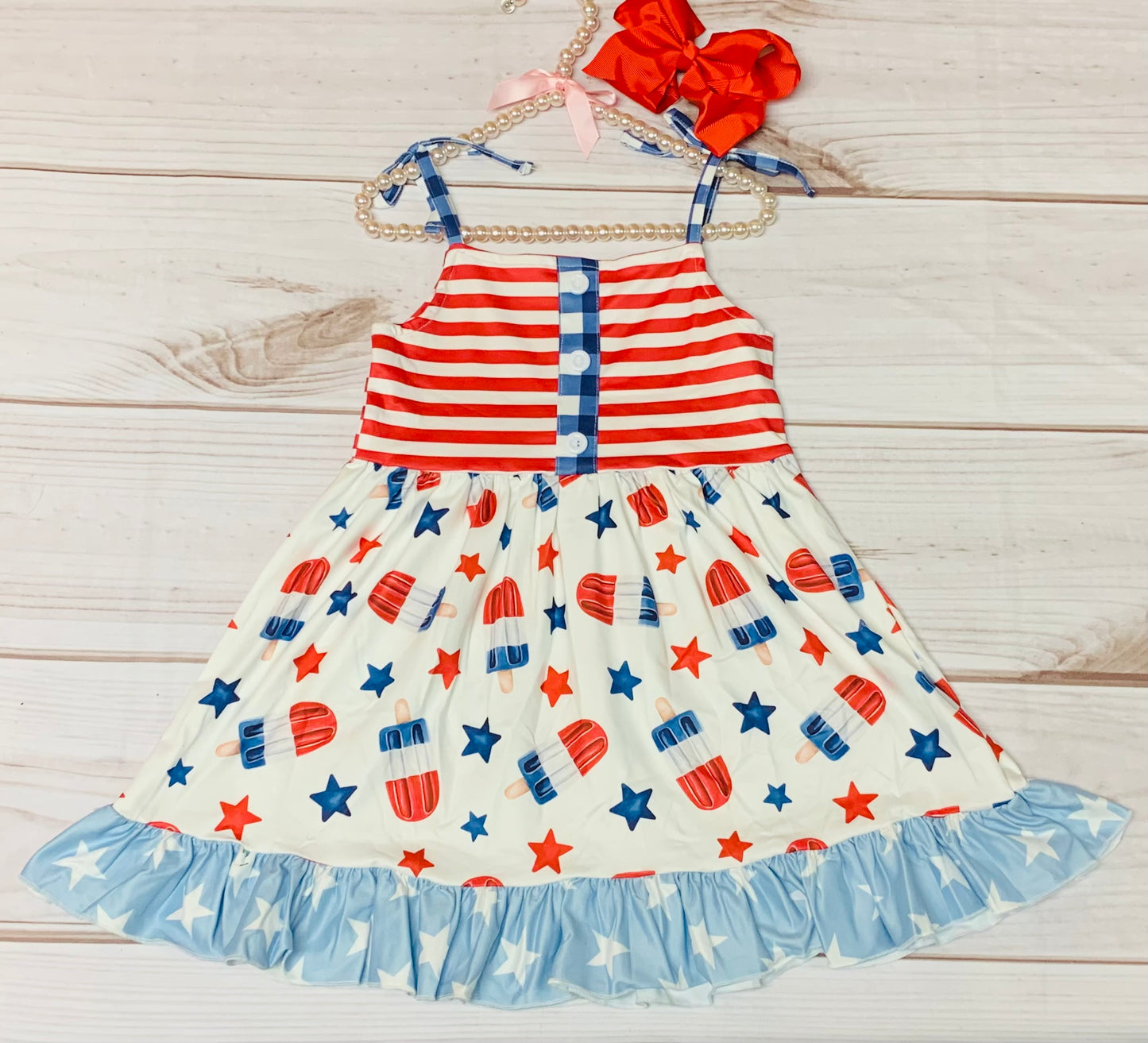 Milk Silk American Popsicle 4th of July Sleeveless Ruffle Dress, Girls Toddler Red White & Blue, Stars and Stripes Independence