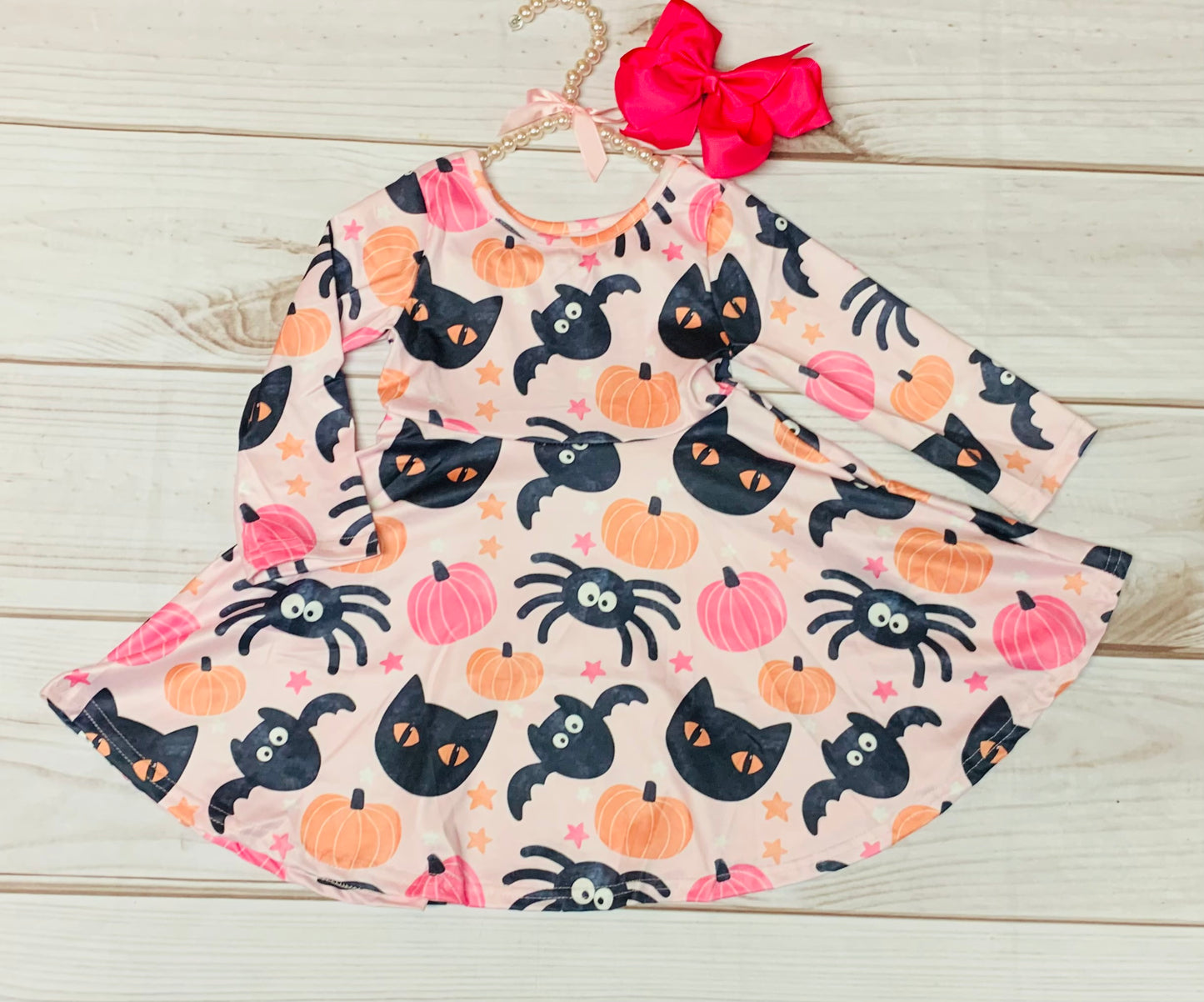 Milk Silk Black Cat & Pumpkins Twirl Dress, Girls Toddler Halloween, trick or Treat, Black Spiders, Spooky Stars, Pink Pumpkin