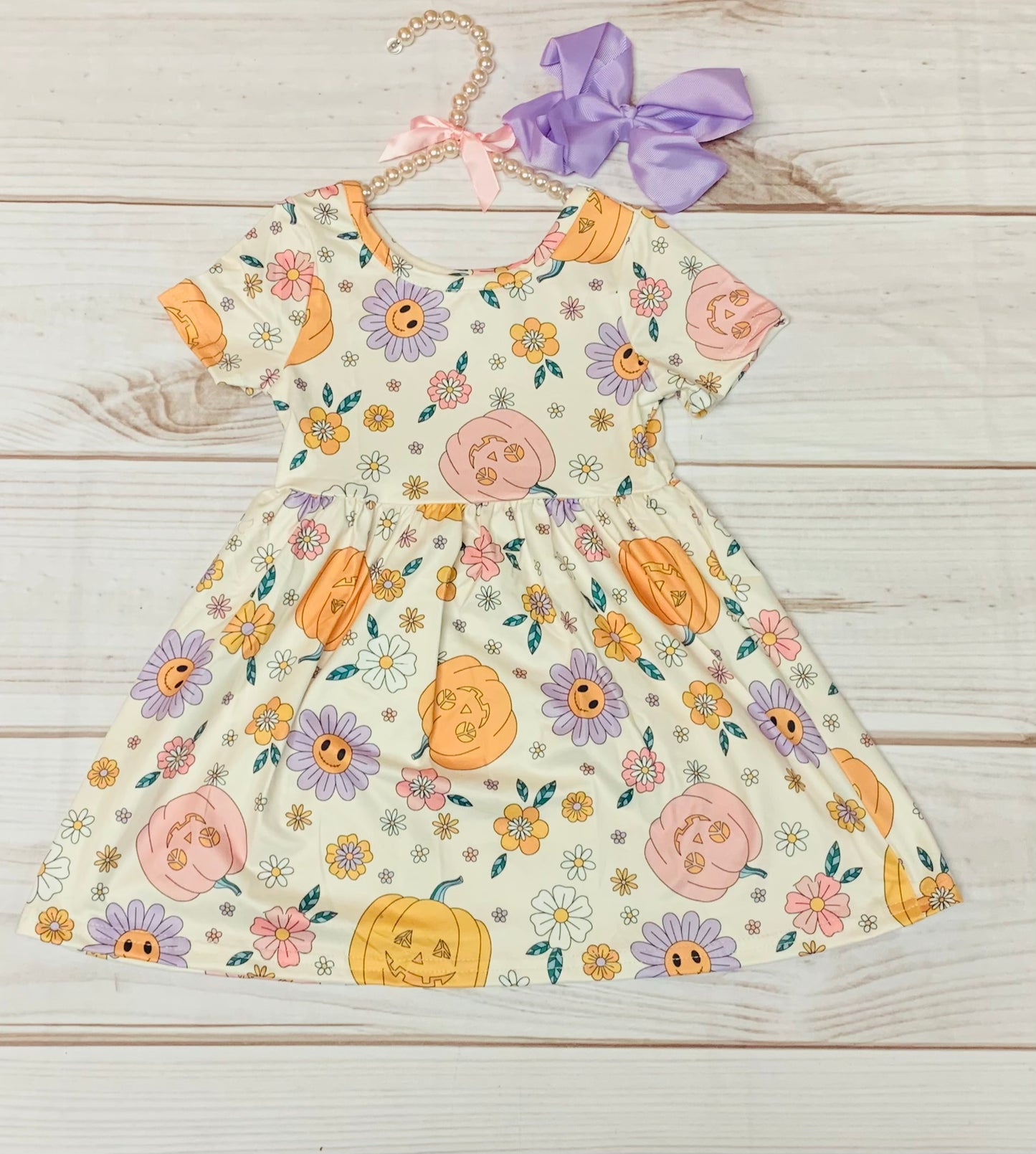 Milk Silk Groovy Flowers and Pumpkins Short Sleeve Dress, Hippie Flowers, Stellar Halloween, Pastel Florals, Happy Pumpkin