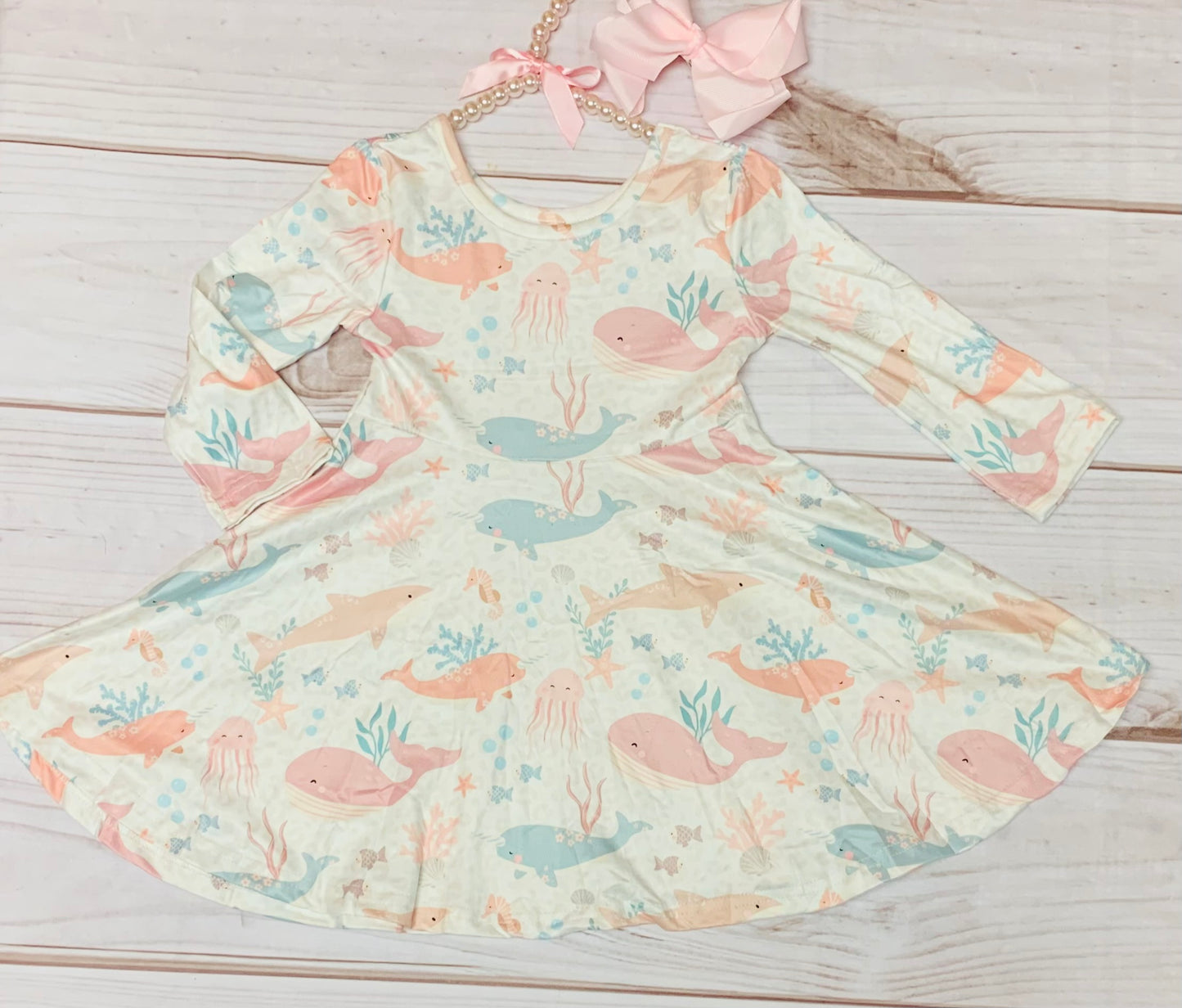 Milk Silk Underwater Pastel Sleeve Friends Twirl Dress, Girls Toddler Whales, Dolphins, Jellyfish Besties, Coral Reefs, Fish