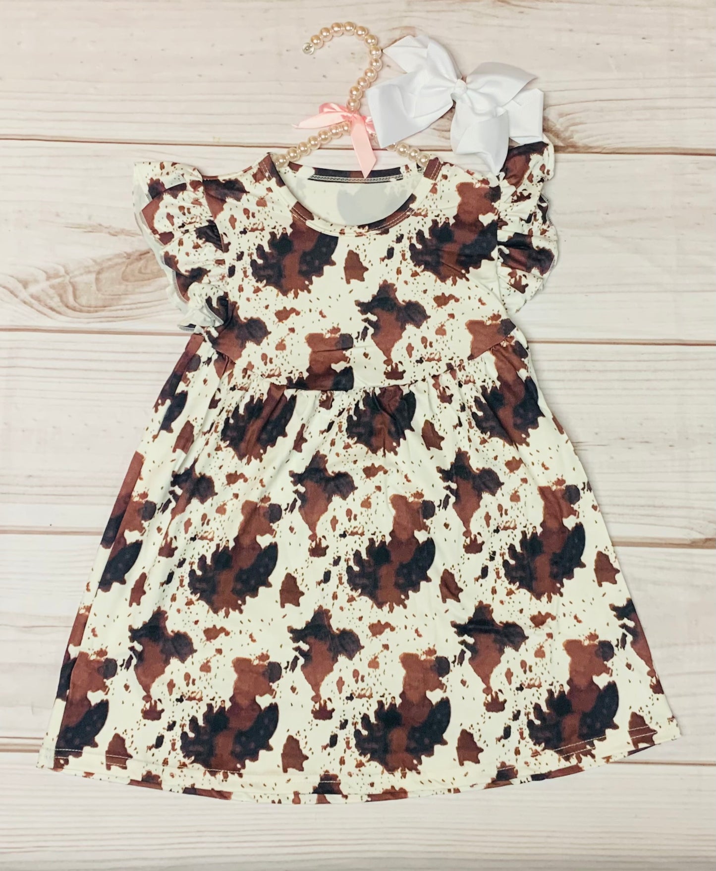 Milk Silk Cow Pattern Flutter Sleeve Dress, Girls Toddler Brown Cow Print, Farm Girl, Country Living, Western Cowgirl Print