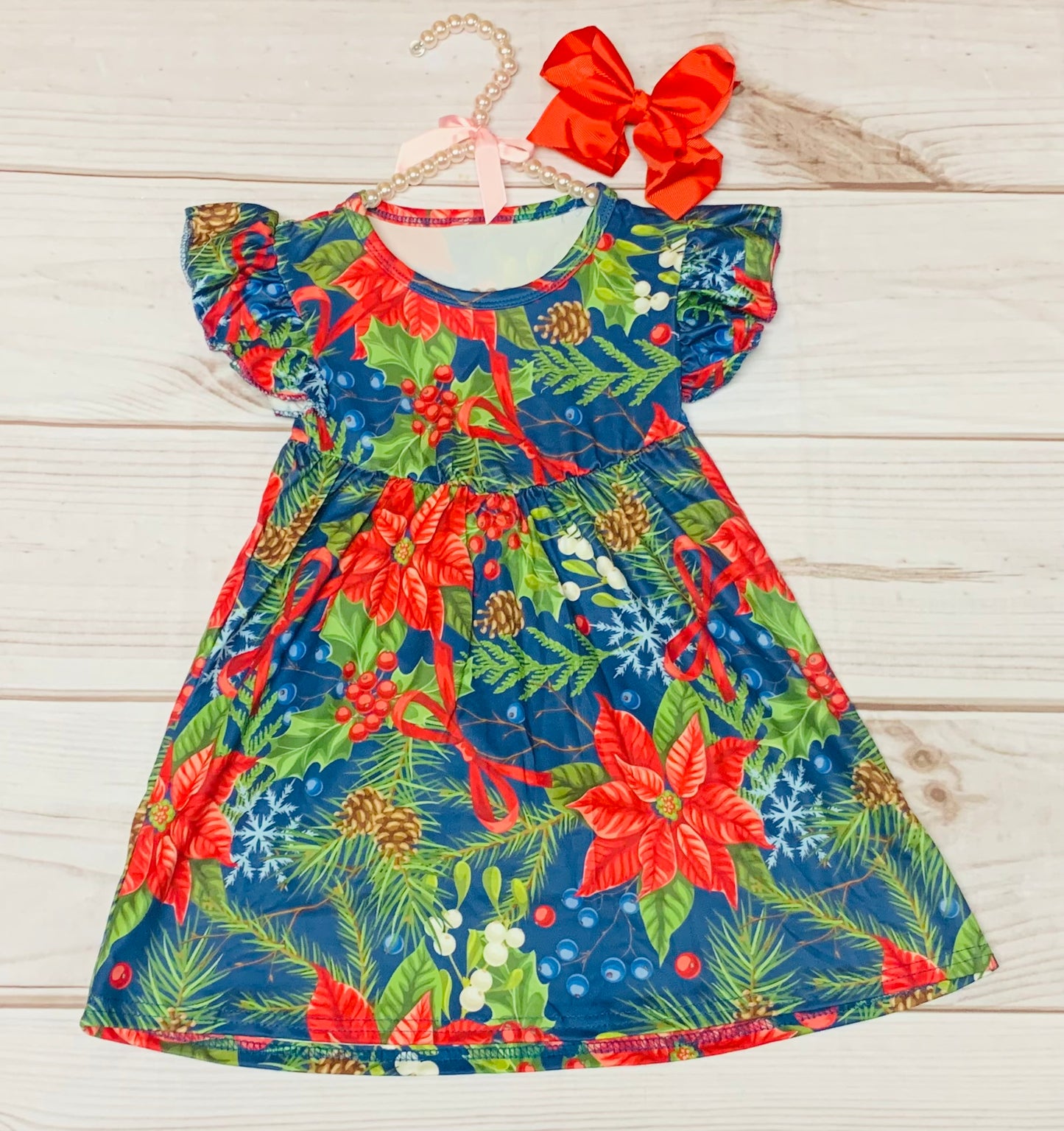 Milk Silk Poinsettia Flutter Sleeve Dress, Girls Toddler Mistletoe Holiday Florals, Christmas Flowers, Red and Green, Ribbons