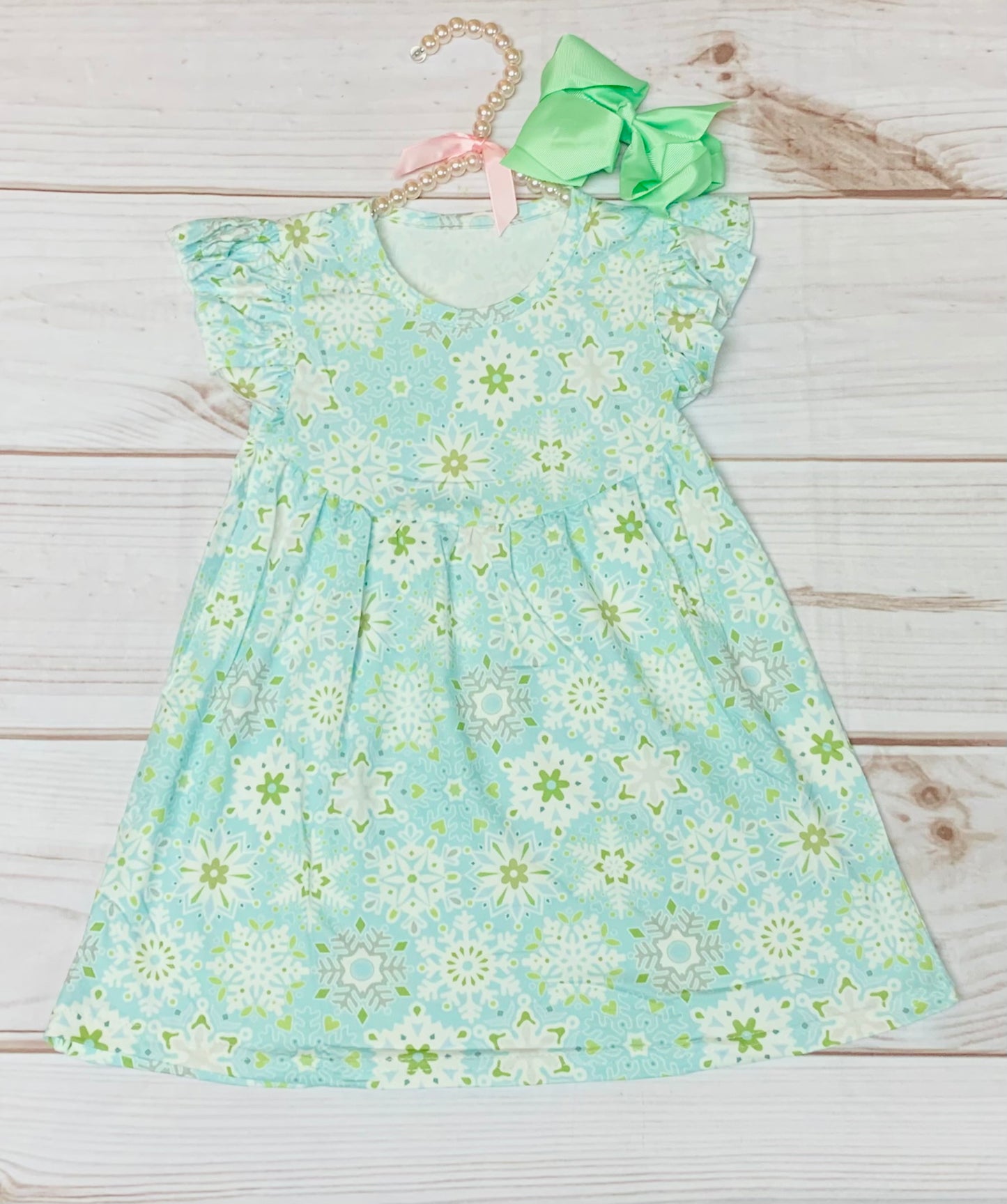 Milk Silk Sea Foam Green Snowflake Flutter Sleeve Dress, Girls Toddler Winter Snowflake, Holiday, Unique Snow, Christmas Eve