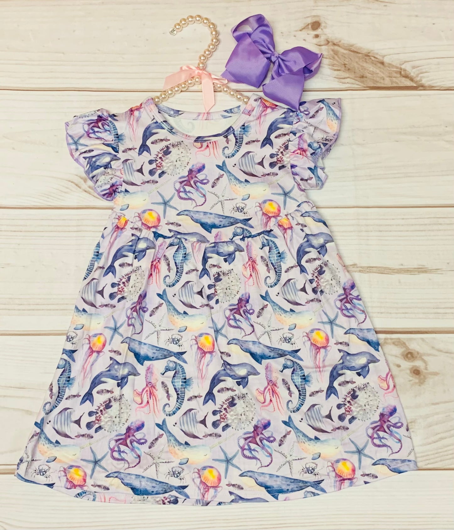 Milk Silk Pastel Ocean Animals Flutter Sleeve Dress, Girls Toddler Seahorses, Whales, Dolphins Squids Jellyfish Ocean Adventure