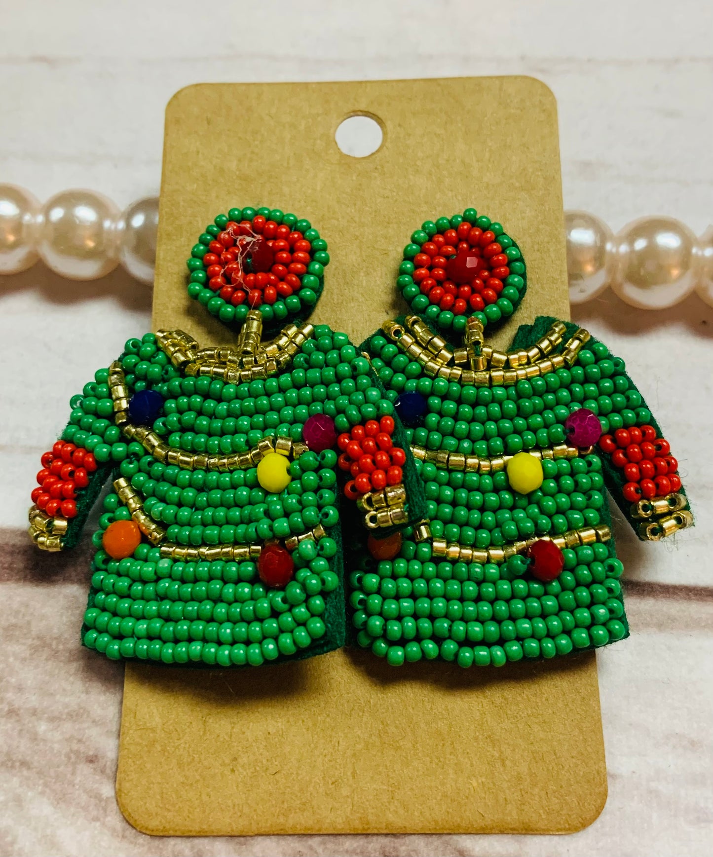 Green Ugly Sweater Christmas Party Beaded Earrings, Holiday Party, Christmas Lights, White Elephant Exchange, Santa