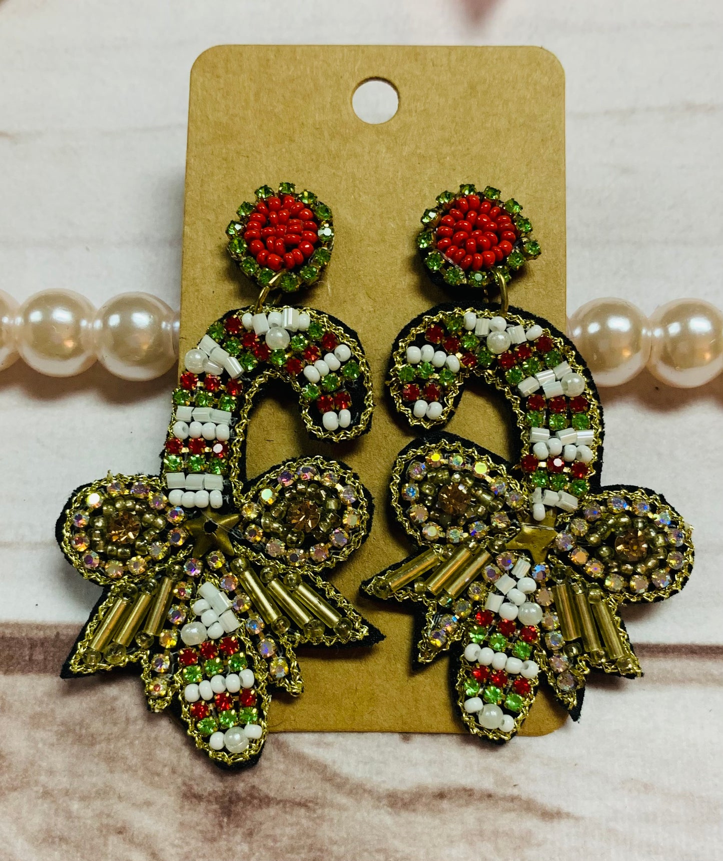 Red, Green & Gold Holiday Candy Cane w/ Bows Beaded Earrings, Peppermint, Santa, Christmas Earrings, Winter Party, Gift