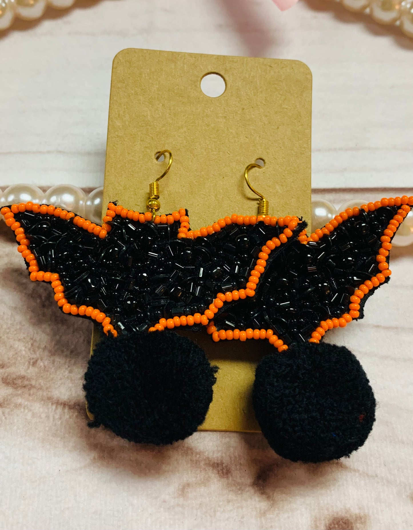 Orange & Black Halloween Bat w/ Pom Pom Beaded Earrings, Adult Mama Trick or Treat Spooky Creatures of the Night Dangle