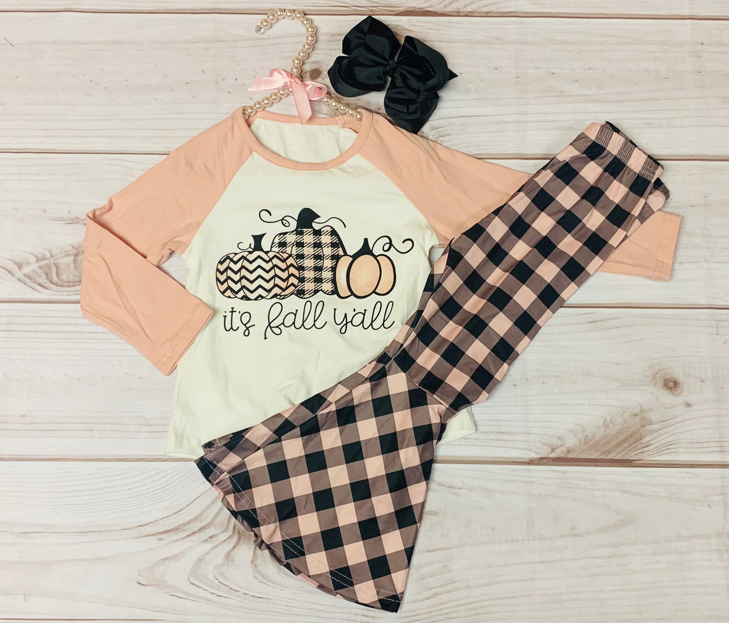 Pink Plaid It's Fall Y'all Matching Set w/ Bellbottom Pants, Girls Toddler Autumn Outfit, Pumpkin Patches, Apple Picking