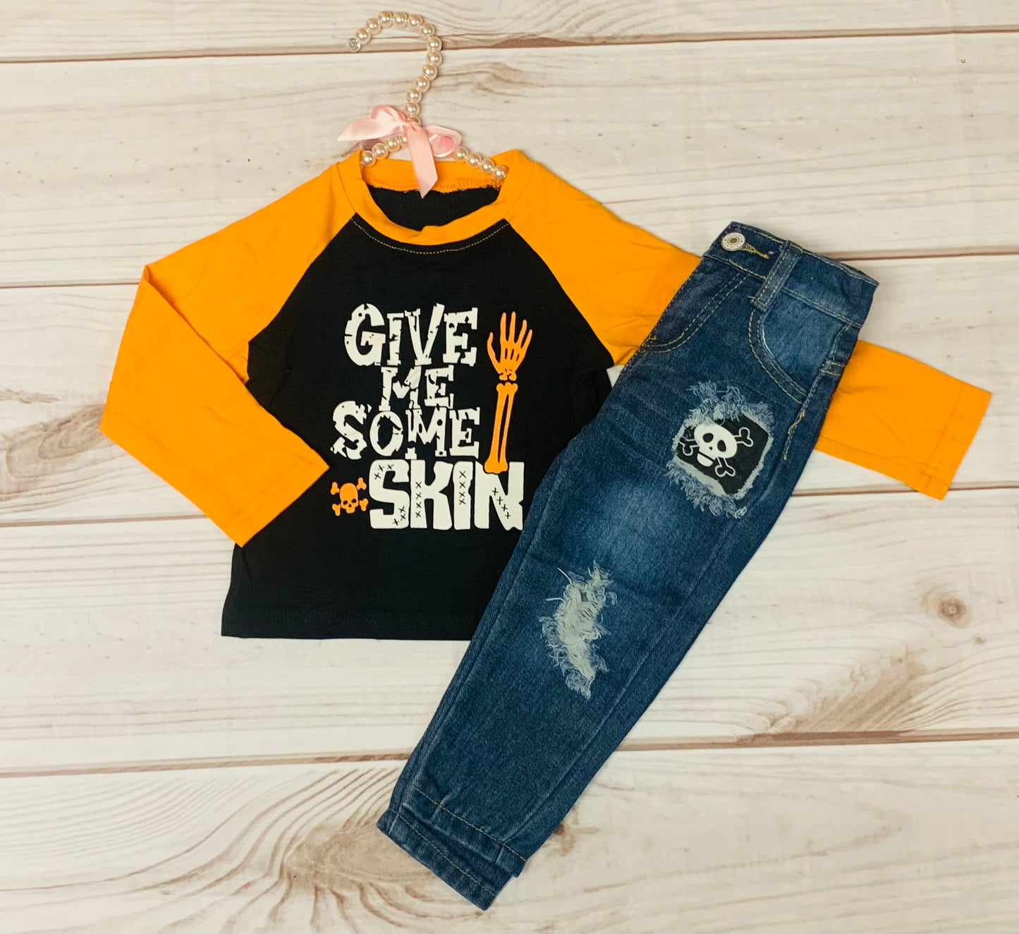 Give Me Some Skin Boys Raglan Halloween Shirt w/ Matching Denim Jean Bottoms, Trick or Treat, Fall Outfit, Toddler, Kids