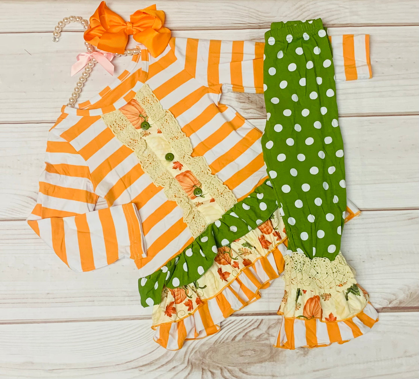 Orange Striped Fall Girls Toddler Outfit w/ Bellbottom Ruffle Pants, Halloween, Trick or Treating, Autumn Pumpkin Patch