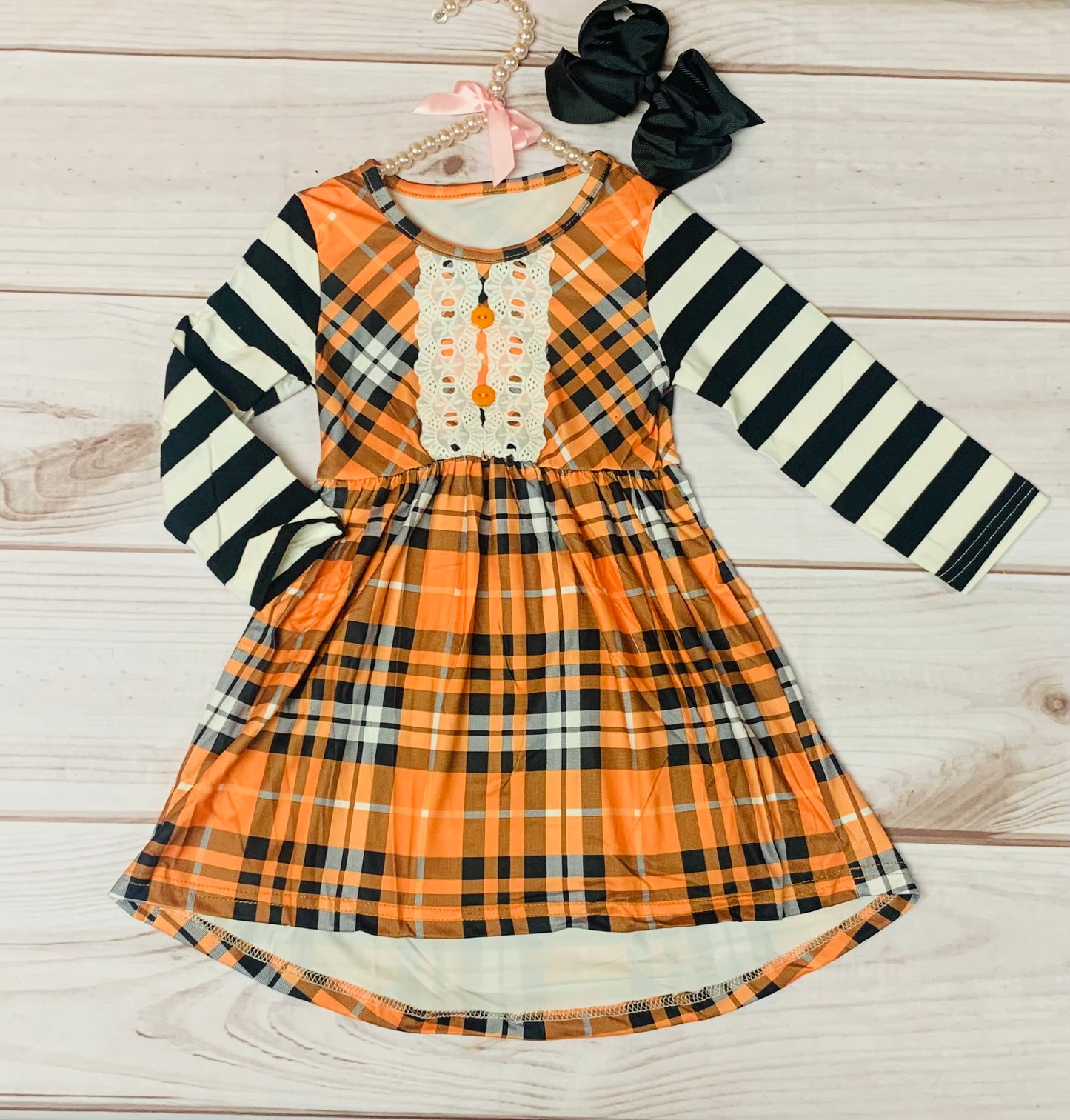 Halloween Striped & Plaid Twirl Dress, Girls Toddlers Pumpkin Patch Dress, Witchy Style, Fall Autumn Orange and Black