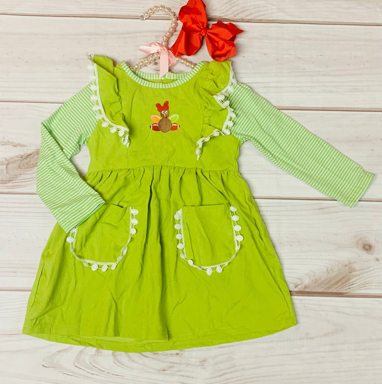 Green Striped Embroidered Corduroy Thanksgiving Turkey Football Dress w/ Pockets, Girls Toddler Give Thanks Turkey Bow