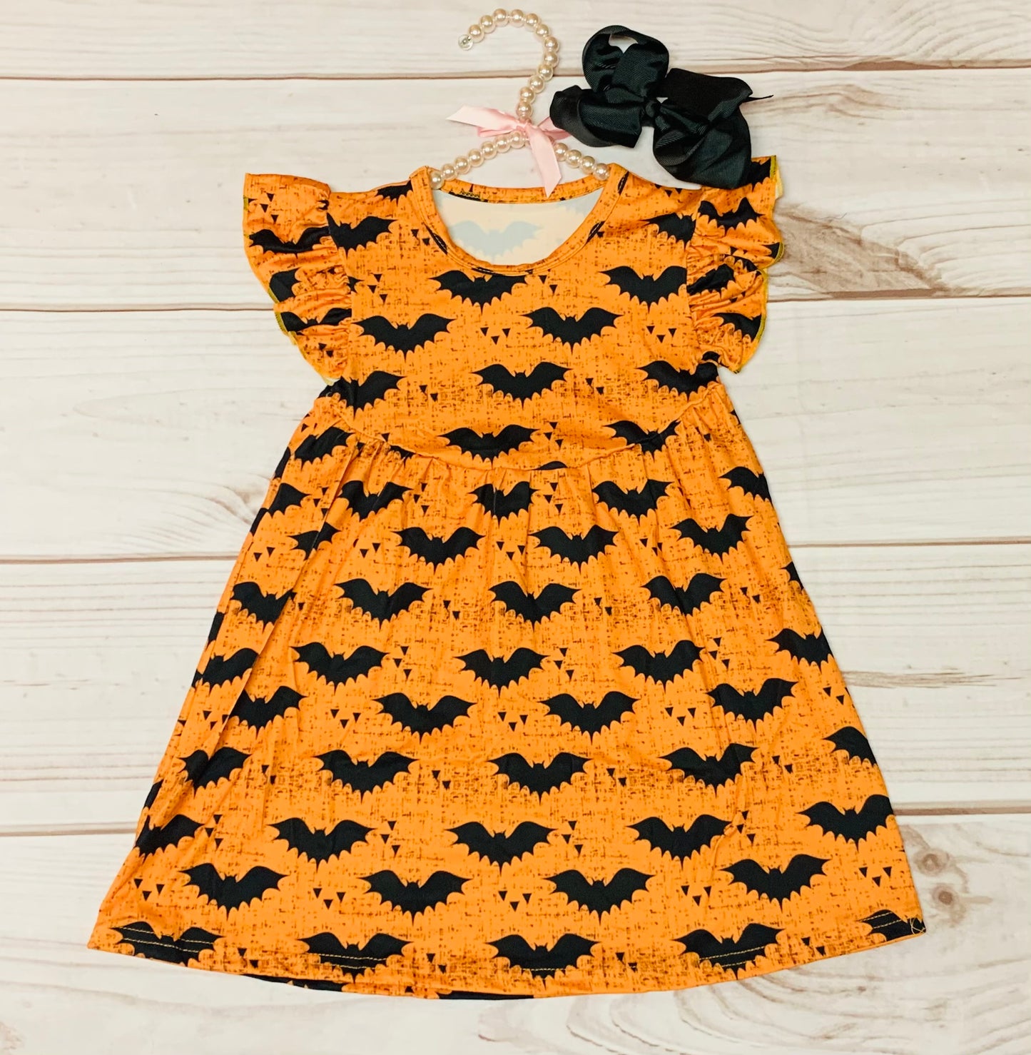 Milk Silk Orange Batty Flutter Sleeve Dress, Girls Toddler Flying Creatures, Halloween Dress, Trick or Treat, Spooky Flyers