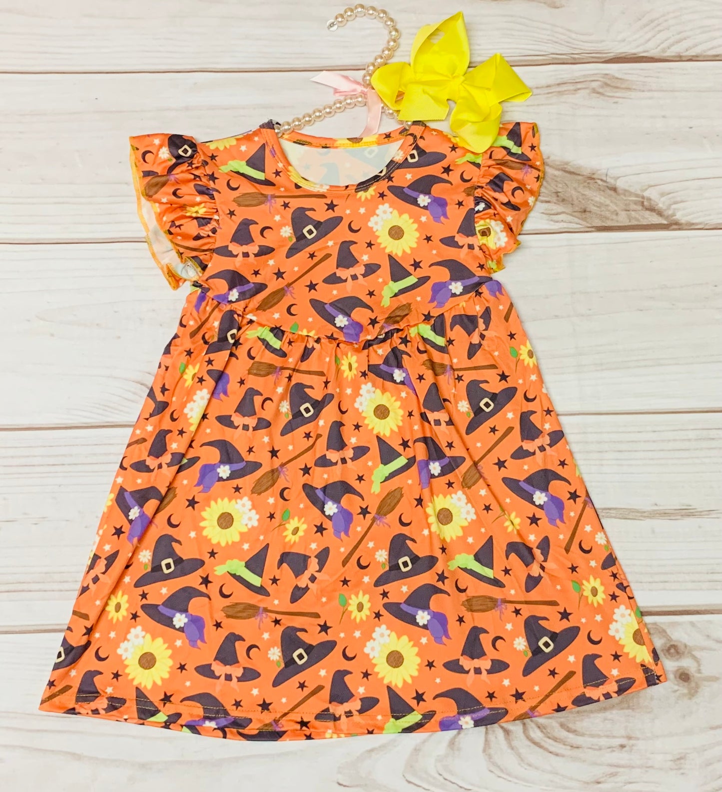 Milk Silk Orange Happy Fall Witch Hat Flutter Sleeve Dress, Girls Toddler Sunflowers Moon and Stars, Pretty Witch Hats Brooms