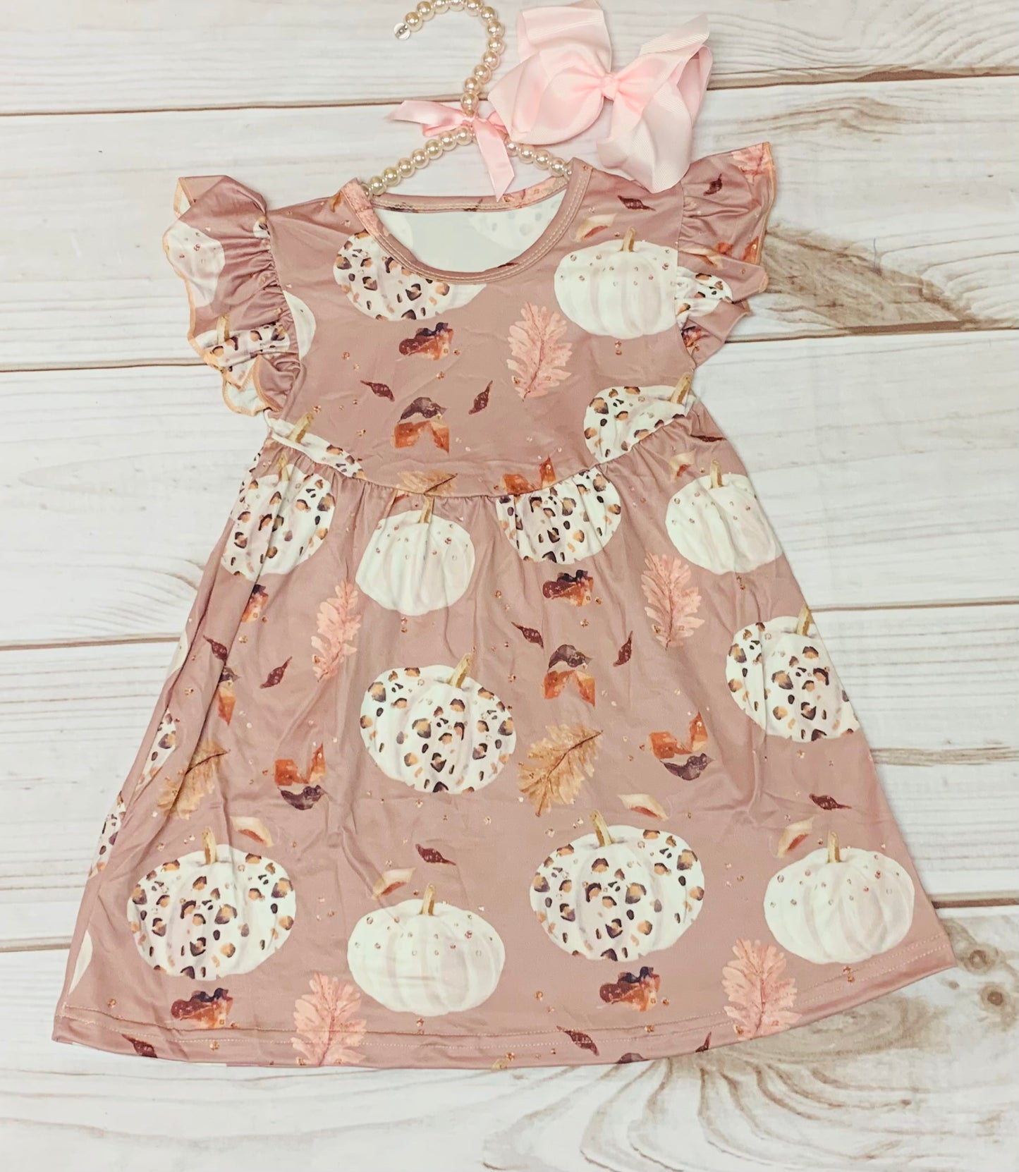 Milk Silk Pink Leopard Pumpkin Flutter Sleeve Dress, Girls Toddler Fall Leaves, White Pumpkins, Autumn Time, Pastel Pink