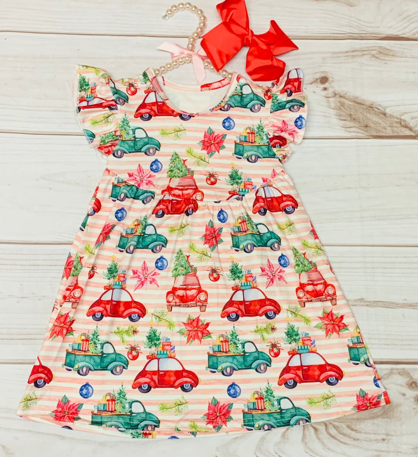 Milk Silk Christmas Tree Picking Flutter Sleeve Dress, Girls Toddler Red Holiday Car, Green Pickup Truck Christmas Tree Cutting