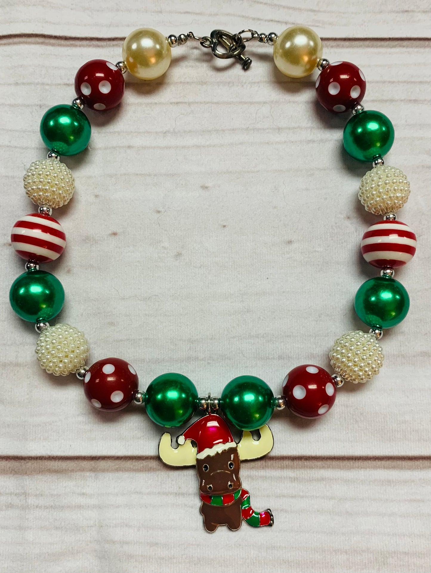 Red White Green Chunky Bubble Gum Necklace w/ Christmas Moose Charm, Girl Toddler Holiday Reindeer, Stocking Stuffer Gift