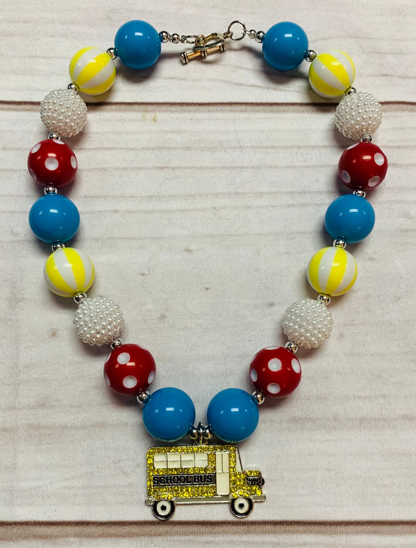 Back to School Glitter Bus Charm Chunky Bubble Gum Necklace, Girls Toddler, Preschool Elementary, Red, Yellow Blue, Pearl