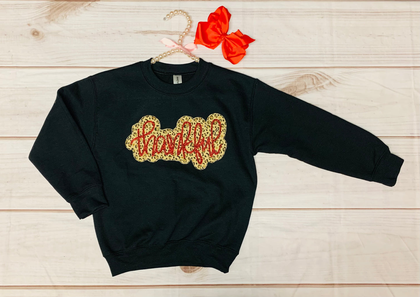 Thankful Double Applique w/ Glitter Embroidery Sweatshirt for Kids , Bean Stitch, Thanksgiving Sweatshirt, Happy Thanksgiving, Leopard Print