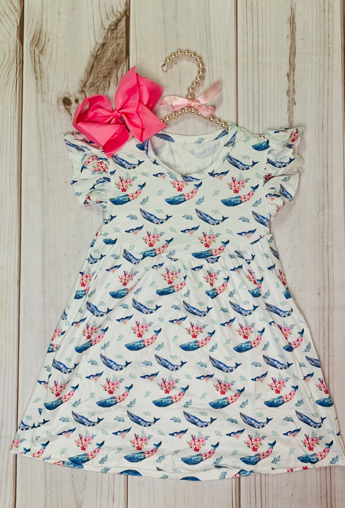 Milk Silk Tropical Island Whale Flutter Sleeve Dress, Girls Toddler White OceanTheme, Humpback Whale, Ocean Friend Adventures