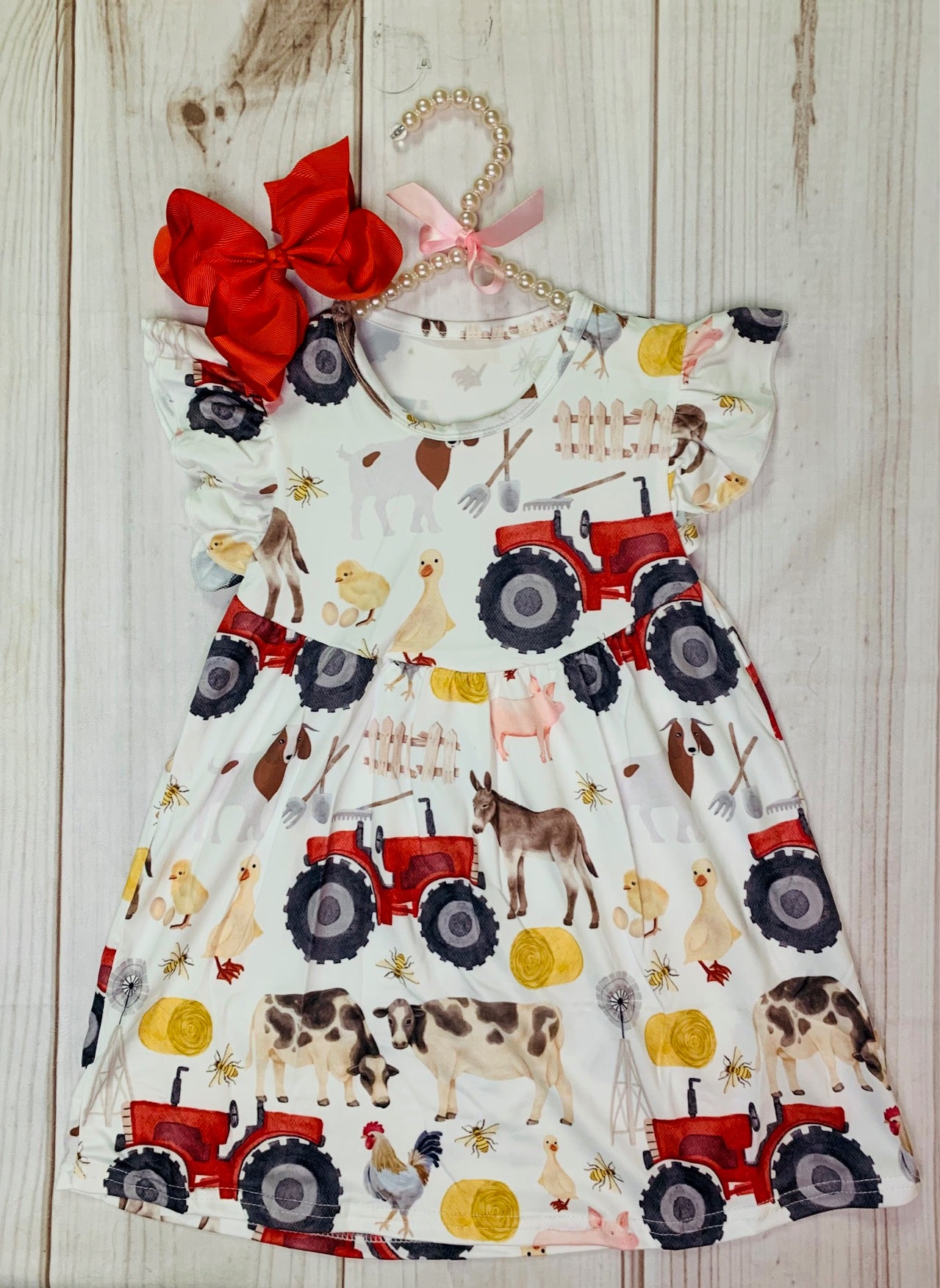 Milk Silk On The Farm Tractor Flutter Sleeve for Girls Toddlers, Baby Ducks And Chickens Theme Print, Honey Bees, Dairy Cows, Donkeys Goats