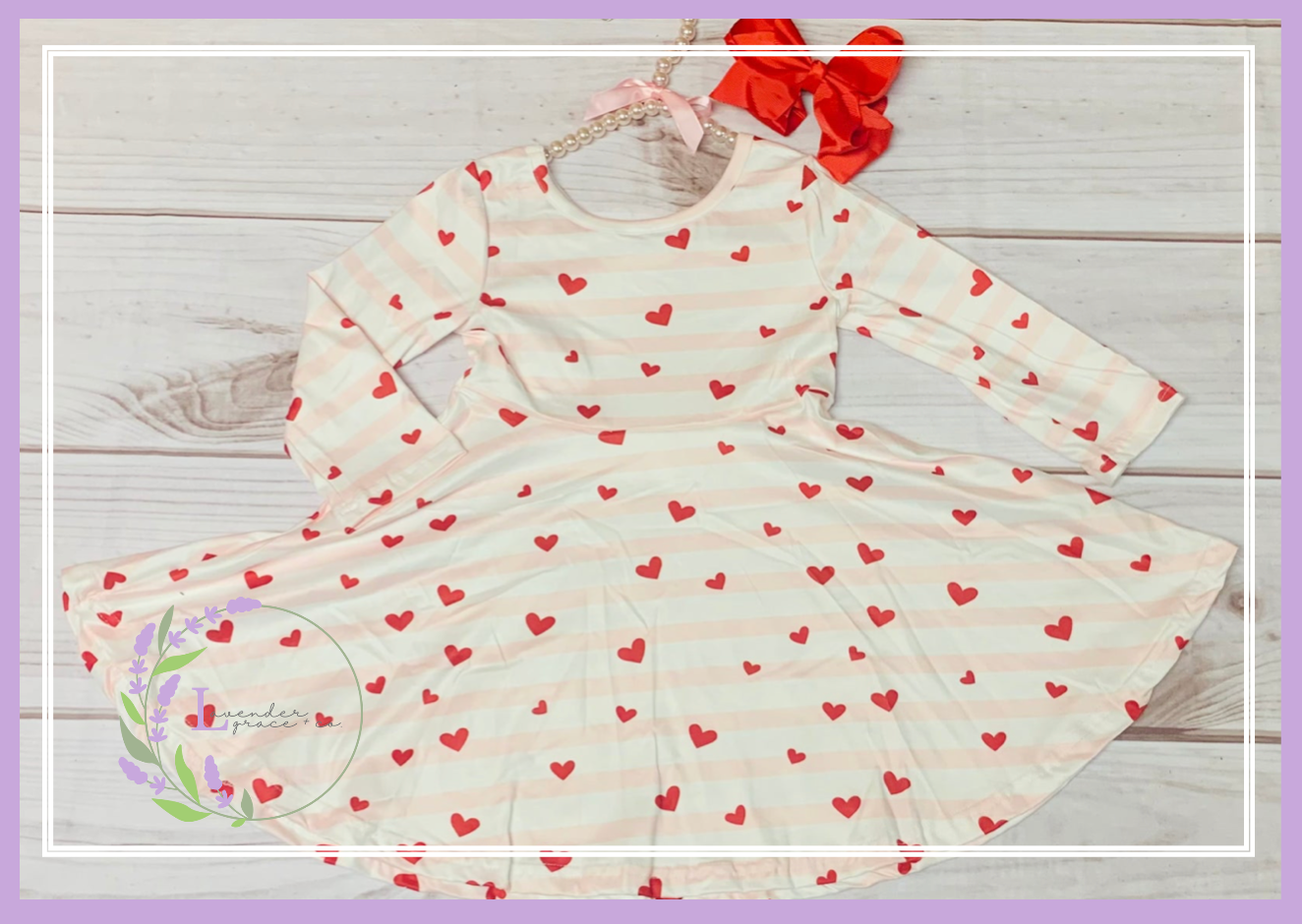 Milk Silk Pastel Pink & White Stripe Long Sleeve Twirl Valentine Dress, Girls Toddler Hearts, Cupid, Sweetheart, Love