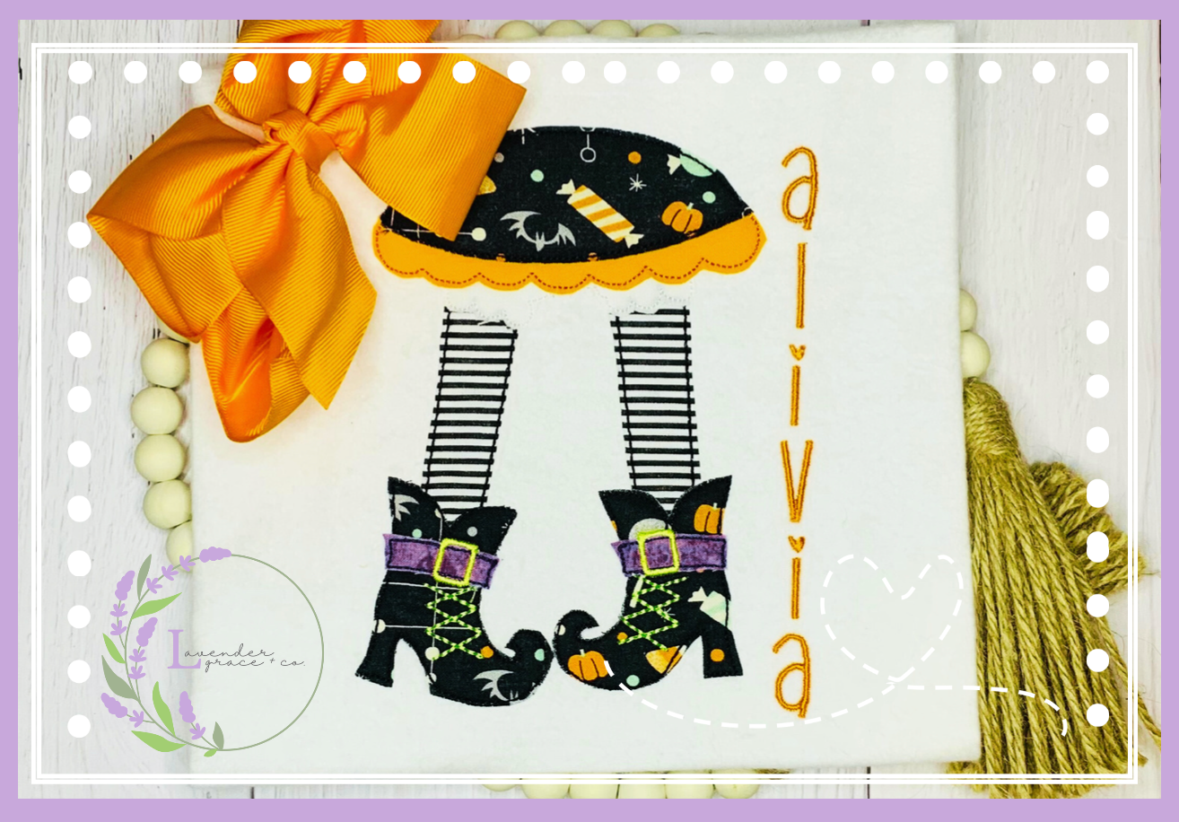 Spooky Cute Embroidered Witch Feet Halloween Shirt for Girls & Toddlers, Personalization Trick or Treat Party, October Wear, Little Witch