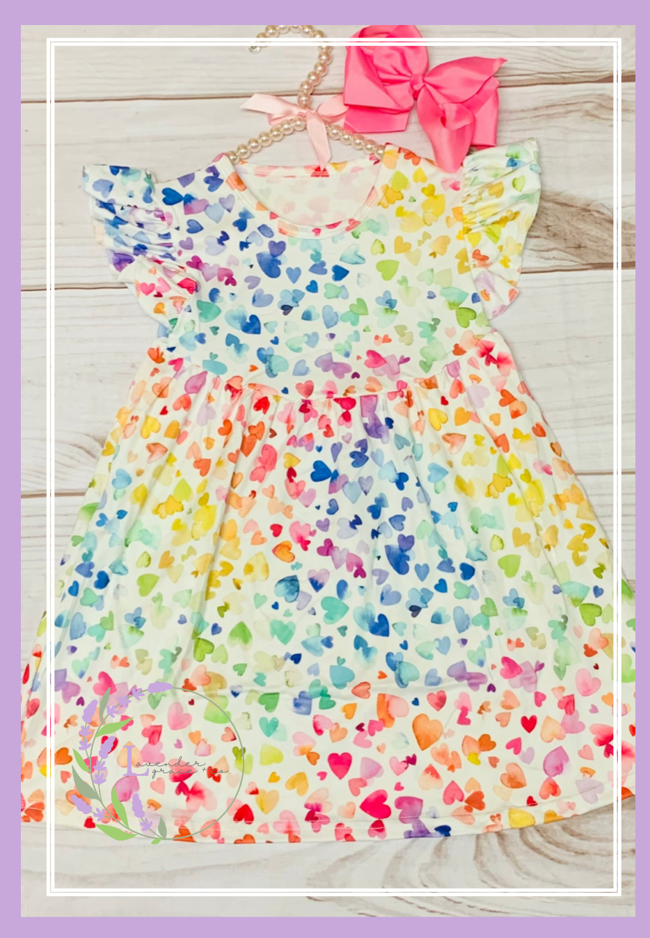 Milk Silk Rainbow Hearts Flutter Sleeve Dress, Girls Toddler Ombre Hearts, Valentine's Day, Bubble Hearts, Watercolor Love