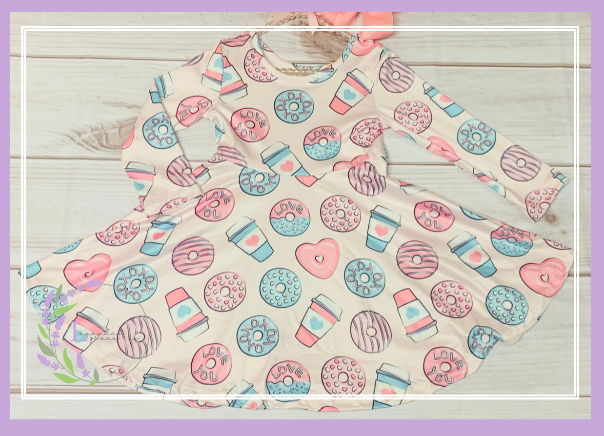 Milk Silk Valentine's Day Donut Long Sleeve Twirl Dress, Girls Toddler Lattes, Coffee, Cupid, Xoxo, Love, February 14th