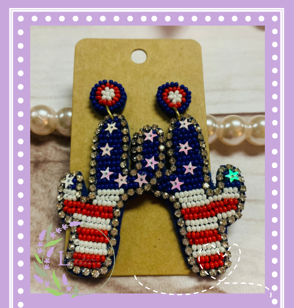 Red White & Blue Patriotic Cactus Beaded Earrings, 4th of July, Independence Day, America, Freedom, Fireworks, Mama