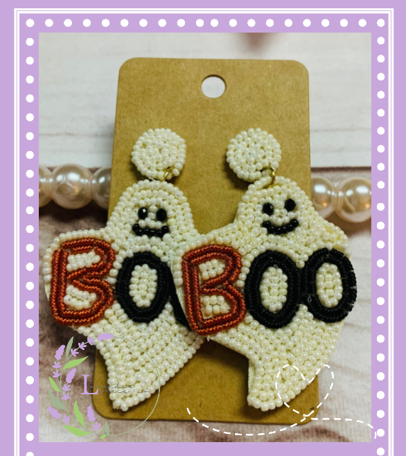 White Halloween Boo Ghost Pearl Beaded Earrings, Adult Mama Trick or Treat Spooky Ghouls Dangle Earring