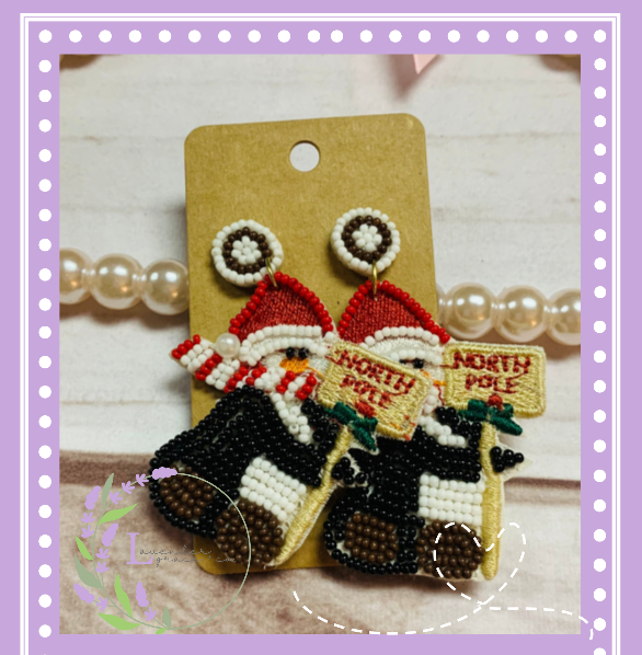 North Pole Holiday Penguin with Santa Hat Beaded Earrings, Christmas Santa, Snowflakes, Winter Party, White Elephant