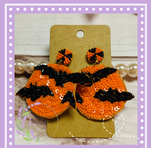 Orange & Black Halloween Moon Bats Beaded Earrings, Trick or Treat Creatures of the Night Adult Mama Dangle Earrings