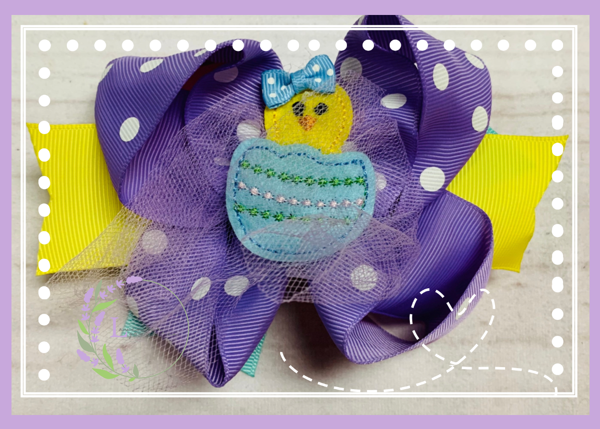 Purple & Yellow Easter Hair Bow w/ Feltie Easter Chick, Girls Toddler Easter Sunday, Rabbit, Bunny, Cool Chick