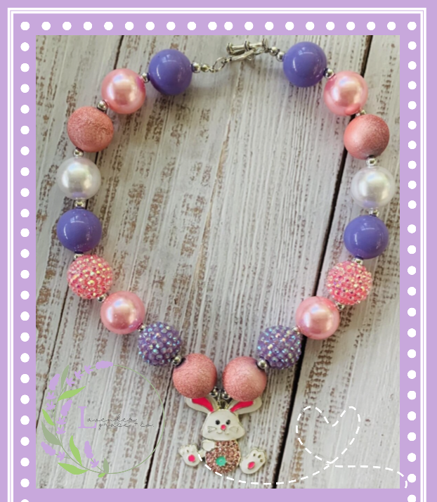 Pink & Purple Easter Chunky Bubblegum Necklace w/ Bunny Charm, Girl Toddler, Easter Sunday, Easter Eggs, Egg Hunt, Rabbit