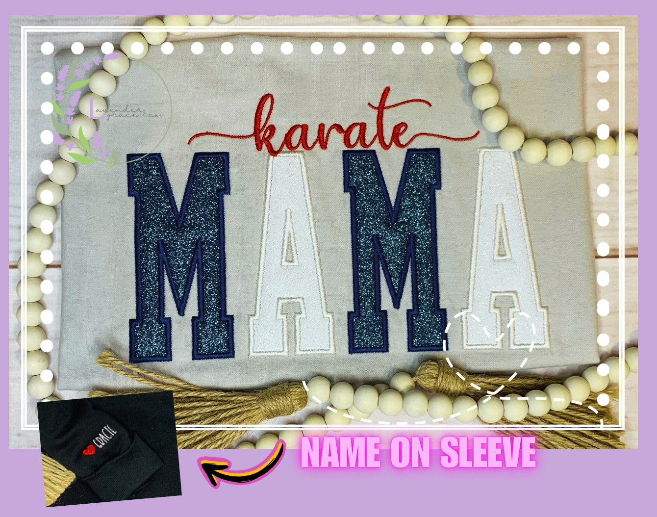 Embroidered Karate Mama Applique Glitter Vinyl Sweatshirt w/ Name on the Sleeve, Karate Mom Sweater, Biggest Fan, Karate School Competition