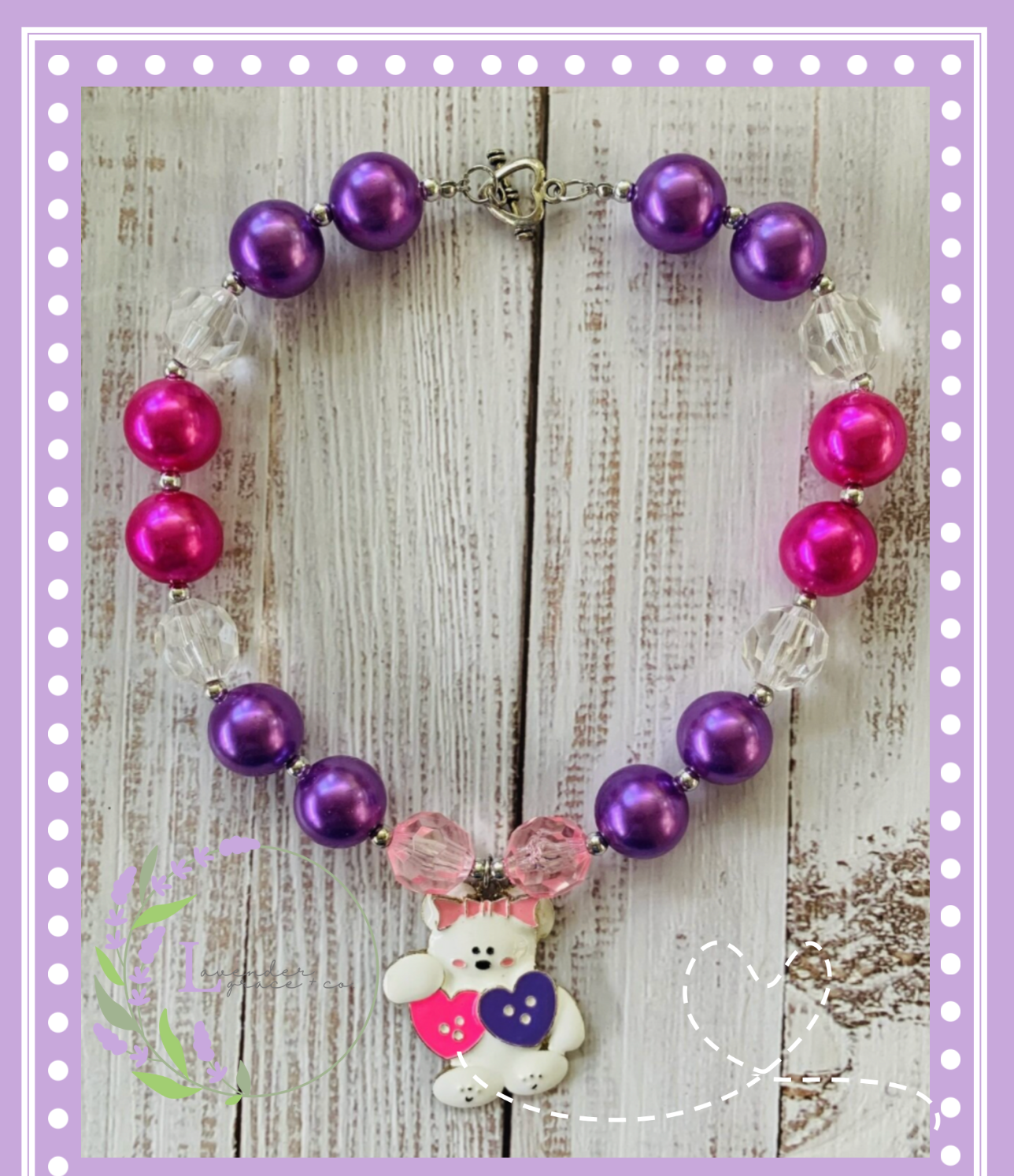 Pink, White & Purple Chunky Bubblegum Necklace w/ Bear Charm, Girl Toddler Beary Sweet, Valentine's Day, Feb 14th, Love