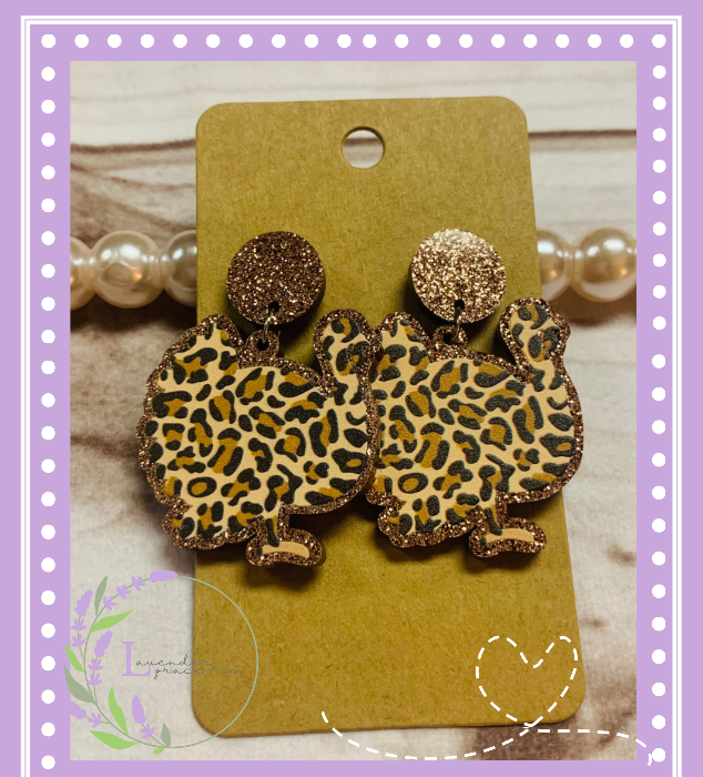 Thanksgiving Acrylic Leopard Turkey Dangle Earrings, Adult Mom Mama Glitter Turkey, Give Thanks Fall Autumn Chic