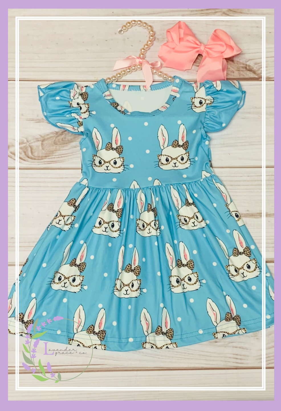 Milk Silk Blue Smart Bunny w/ Glasses Flutter Sleeve Dress, Girls Easter Dress, Egg Hunt, Smart Rabbit