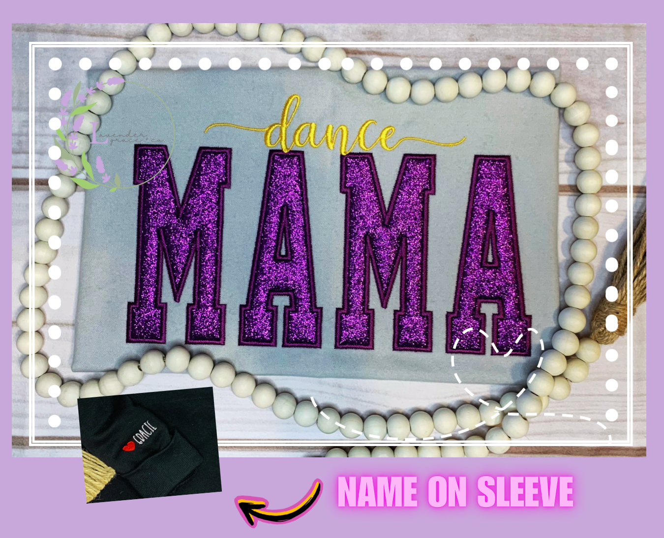 Embroidered Dance Mama Glitter Appliqué Sweatshirt with Name on the Sleeve, Customizable Colors, Dance Team Mom, Biggest Fan Apparel, Gift