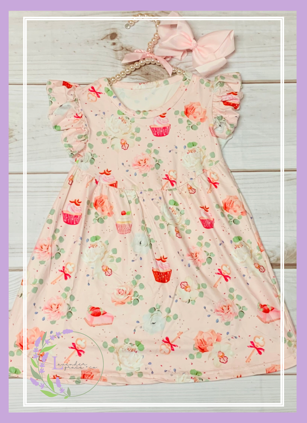 Milk Silk Cupcakes & Pink Roses Tea Party Flutter Sleeve Dress, Girls Toddler Birthday Girl, Back to School, Cake Tea Flowers